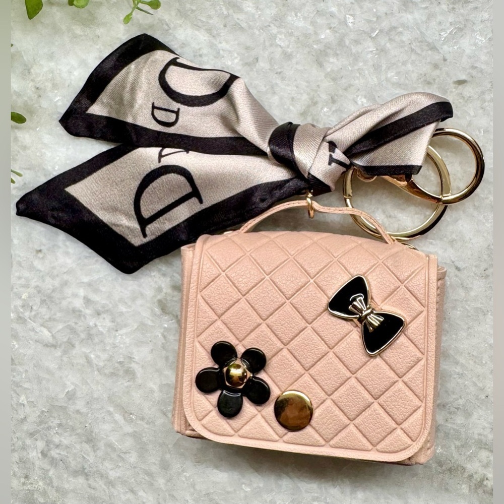 New Pink Diamond Texture Mini Bag Purse Charm Keychain w/ Scarf, Bow, Flower